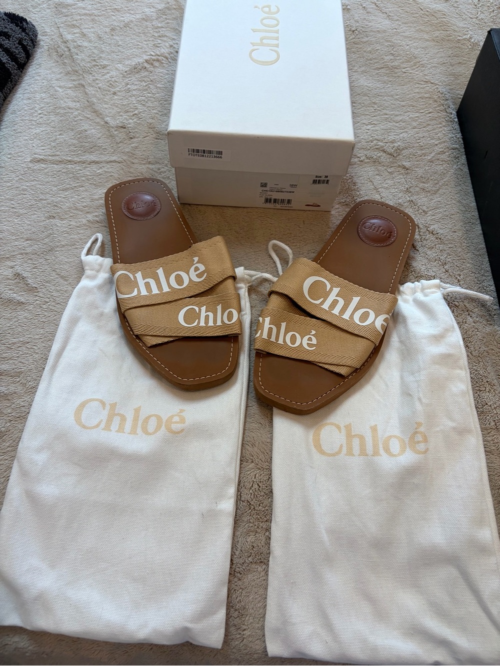 Chloé Tan Canvas Logo Slide Sandals